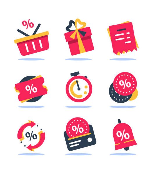 Loyalty card, incentive program vector icon set, earn bonus points for purchase, discount coupon, limited time period, cash back, redeem gift, grocery basket and stopwatch, cheap offer, save money